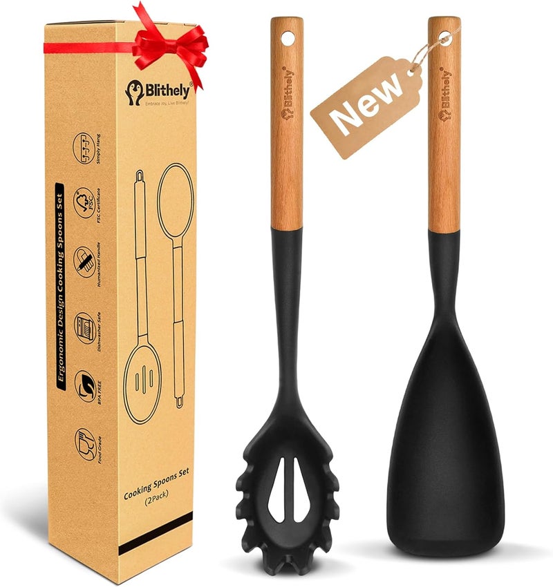 Blithely Silicone Cooking Spoon and Pasta Fork Set, 2 Pack Large Spatula Spoons Set with Wooden Handle, Nonstick Multifunction Spoon for Cooking, Serving, Mixing and Spaghetti (Black) - Image 1