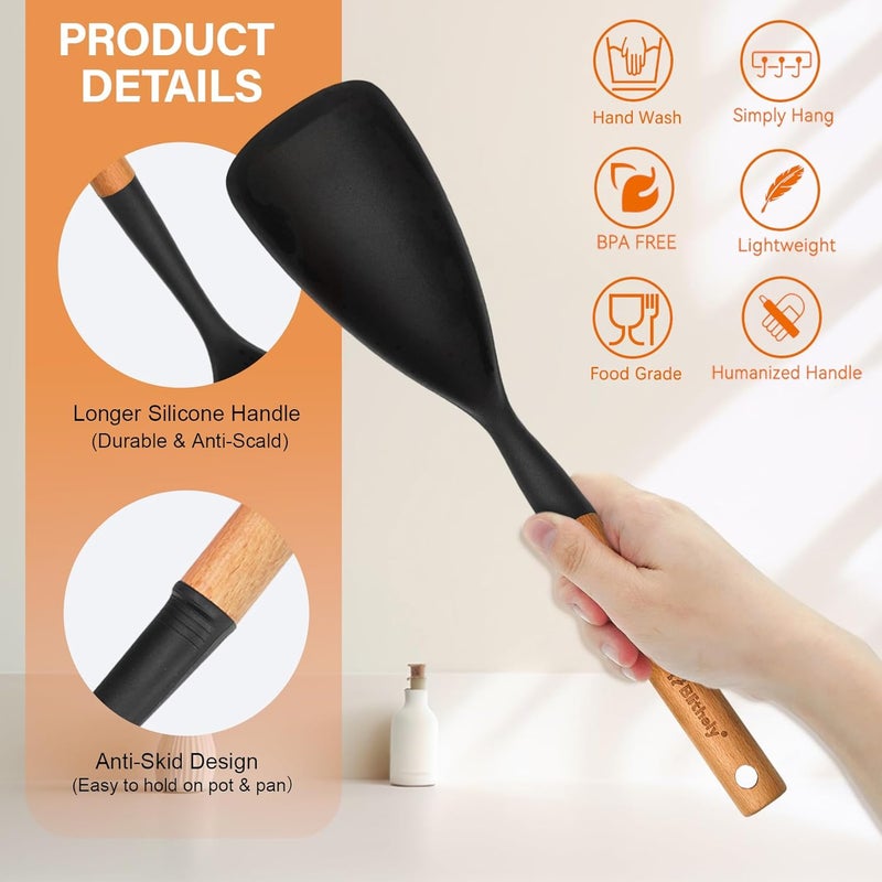Blithely Silicone Cooking Spoon and Pasta Fork Set, 2 Pack Large Spatula Spoons Set with Wooden Handle, Nonstick Multifunction Spoon for Cooking, Serving, Mixing and Spaghetti (Black) - Image 2