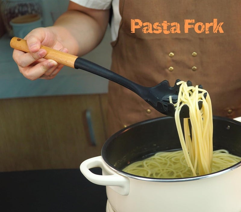 Blithely Silicone Cooking Spoon and Pasta Fork Set, 2 Pack Large Spatula Spoons Set with Wooden Handle, Nonstick Multifunction Spoon for Cooking, Serving, Mixing and Spaghetti (Black) - Image 5