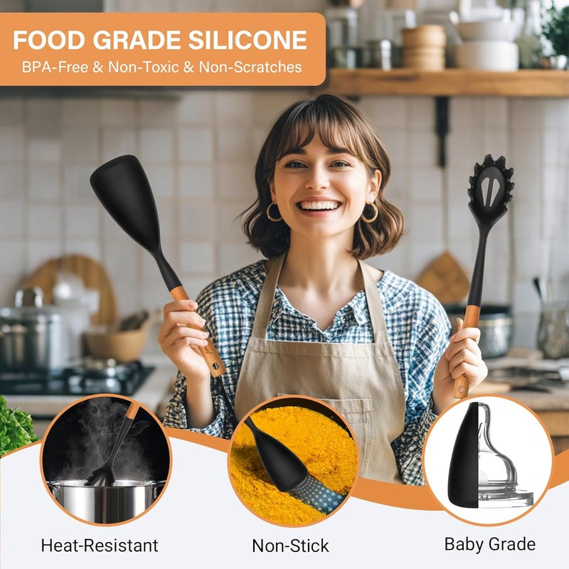 Blithely Silicone Cooking Spoon and Pasta Fork Set, 2 Pack Large Spatula Spoons Set with Wooden Handle, Nonstick Multifunction Spoon for Cooking, Serving, Mixing and Spaghetti (Black) - Image 4