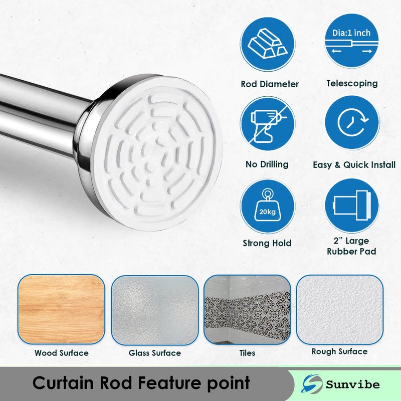 SUNVIBE (85cm To 140cm) Extendable Shower Curtain Tension Rod Non-Drilling Anti-Skid Spring Pull Rod - (Stainless Steel, Silver, 1 Piece) - Image 3