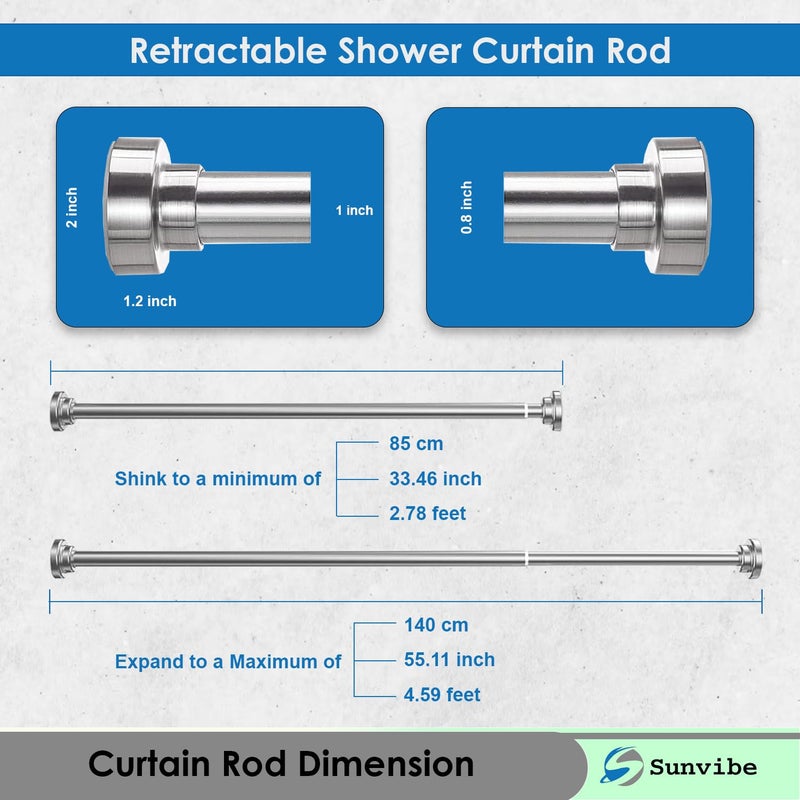SUNVIBE (85cm To 140cm) Extendable Shower Curtain Tension Rod Non-Drilling Anti-Skid Spring Pull Rod - (Stainless Steel, Silver, 1 Piece) - Image 2