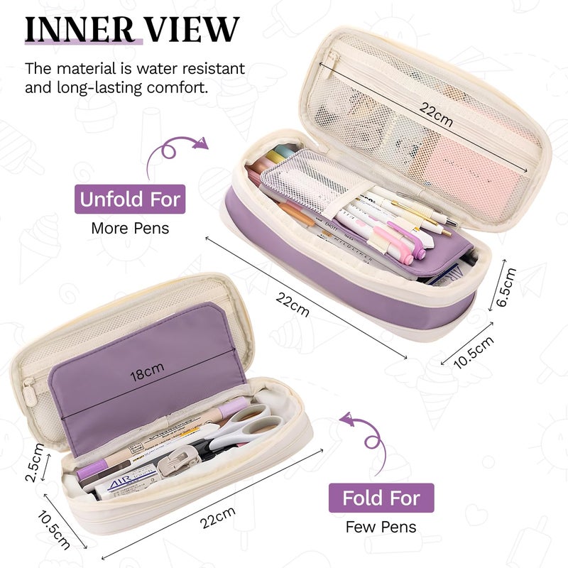 Lupro Large Capacity Pencil Pouch Cute Korean Aesthetic Pen Case for Girls, Boys, Kids, Women - Big Zipper Stationery Organizer for School, College, Office & Return Gifts, Pack of 1 (Pastel Purple) - Image 2