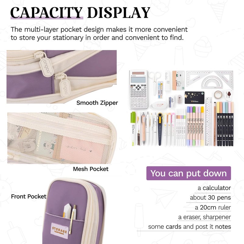Lupro Large Capacity Pencil Pouch Cute Korean Aesthetic Pen Case for Girls, Boys, Kids, Women - Big Zipper Stationery Organizer for School, College, Office & Return Gifts, Pack of 1 (Pastel Purple) - Image 3