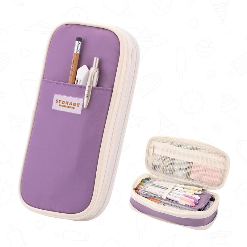 Lupro Large Capacity Pencil Pouch Cute Korean Aesthetic Pen Case for Girls, Boys, Kids, Women - Big Zipper Stationery Organizer for School, College, Office & Return Gifts, Pack of 1 (Pastel Purple) - Image 1