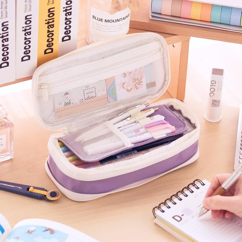 Lupro Large Capacity Pencil Pouch Cute Korean Aesthetic Pen Case for Girls, Boys, Kids, Women - Big Zipper Stationery Organizer for School, College, Office & Return Gifts, Pack of 1 (Pastel Purple) - Image 4