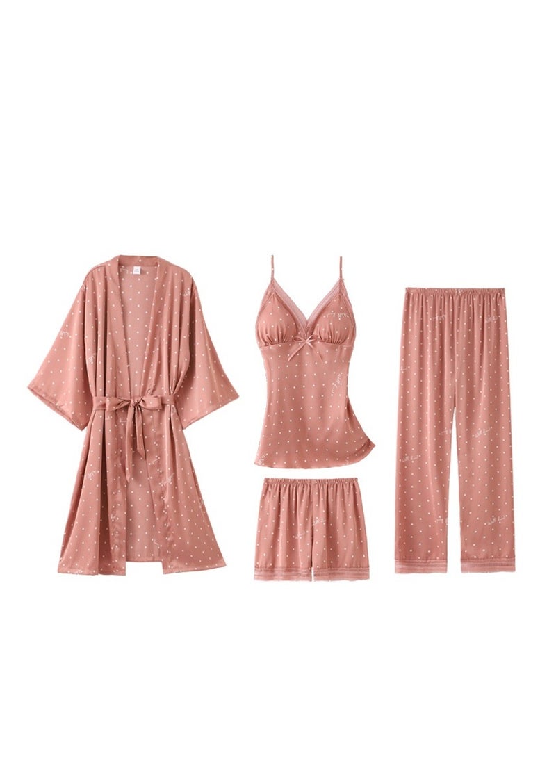 Spring And Summer Feminine Ice Silk Pajamas Four-Piece Set With Suspenders And Long Sleeves