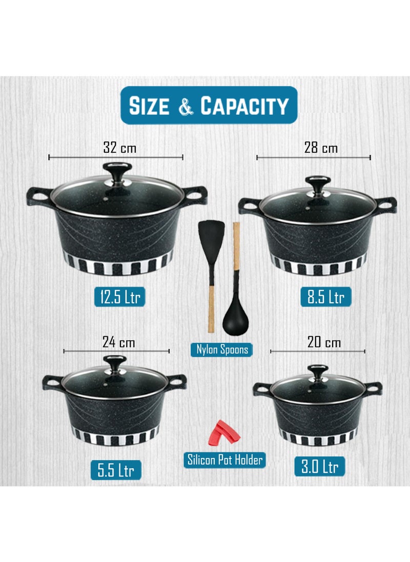 RK - ROYAL KITCHEN Cresta Super Non Stick Diecast Casseroles Set – 12 Pcs (Sizes 20 to 32 cm) with Glass Lids & Spoons, Marble Coated Black, High-Quality Aluminium, Food Grade, Dishwasher Safe, Bio Plus System, Cold Handle, Korean Technology - Image 1