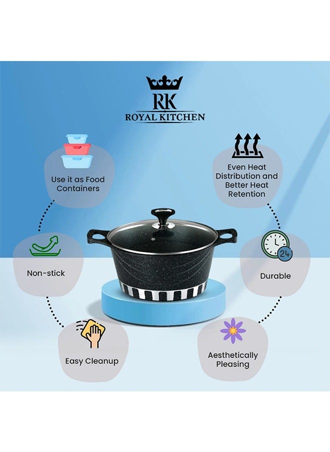 RK - ROYAL KITCHEN Cresta Super Non Stick Diecast Casseroles Set – 12 Pcs (Sizes 20 to 32 cm) with Glass Lids & Spoons, Marble Coated Black, High-Quality Aluminium, Food Grade, Dishwasher Safe, Bio Plus System, Cold Handle, Korean Technology - Image 1