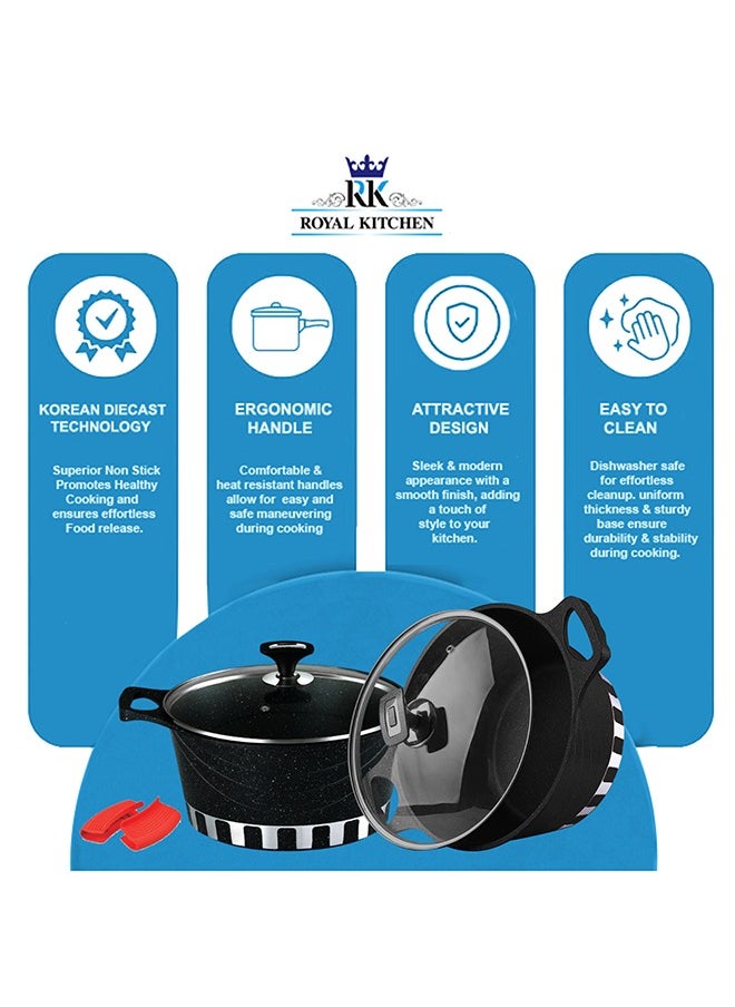 RK - ROYAL KITCHEN Cresta Super Non Stick Diecast Casseroles Set – 12 Pcs (Sizes 20 to 32 cm) with Glass Lids & Spoons, Marble Coated Black, High-Quality Aluminium, Food Grade, Dishwasher Safe, Bio Plus System, Cold Handle, Korean Technology - Image 1