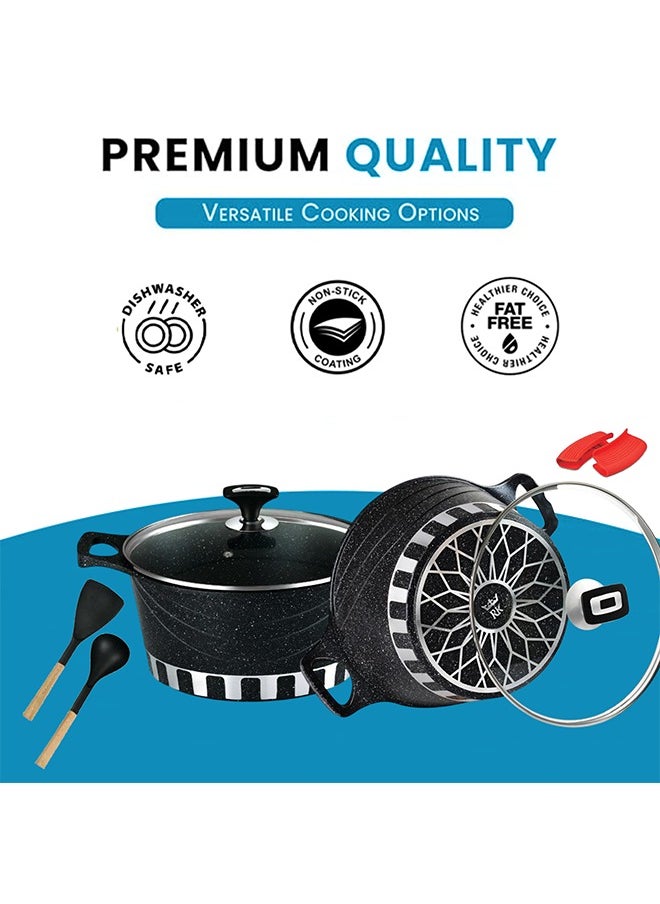 RK - ROYAL KITCHEN Cresta Super Non Stick Diecast Casseroles Set – 12 Pcs (Sizes 20 to 32 cm) with Glass Lids & Spoons, Marble Coated Black, High-Quality Aluminium, Food Grade, Dishwasher Safe, Bio Plus System, Cold Handle, Korean Technology - Image 1