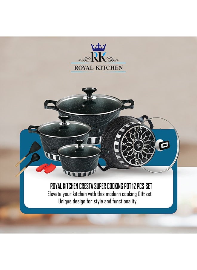 RK - ROYAL KITCHEN Cresta Super Non Stick Diecast Casseroles Set – 12 Pcs (Sizes 20 to 32 cm) with Glass Lids & Spoons, Marble Coated Black, High-Quality Aluminium, Food Grade, Dishwasher Safe, Bio Plus System, Cold Handle, Korean Technology - Image 1