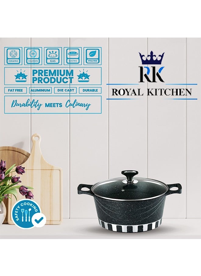 RK - ROYAL KITCHEN Cresta Super Non Stick Diecast Casseroles Set – 12 Pcs (Sizes 20 to 32 cm) with Glass Lids & Spoons, Marble Coated Black, High-Quality Aluminium, Food Grade, Dishwasher Safe, Bio Plus System, Cold Handle, Korean Technology - Image 1
