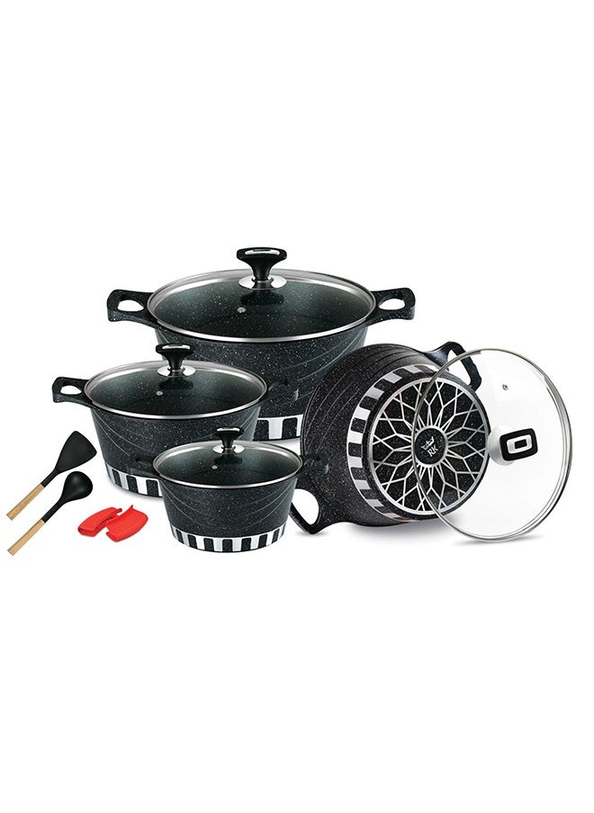 RK - ROYAL KITCHEN Cresta Super Non Stick Diecast Casseroles Set – 12 Pcs (Sizes 20 to 32 cm) with Glass Lids & Spoons, Marble Coated Black, High-Quality Aluminium, Food Grade, Dishwasher Safe, Bio Plus System, Cold Handle, Korean Technology - Image 1