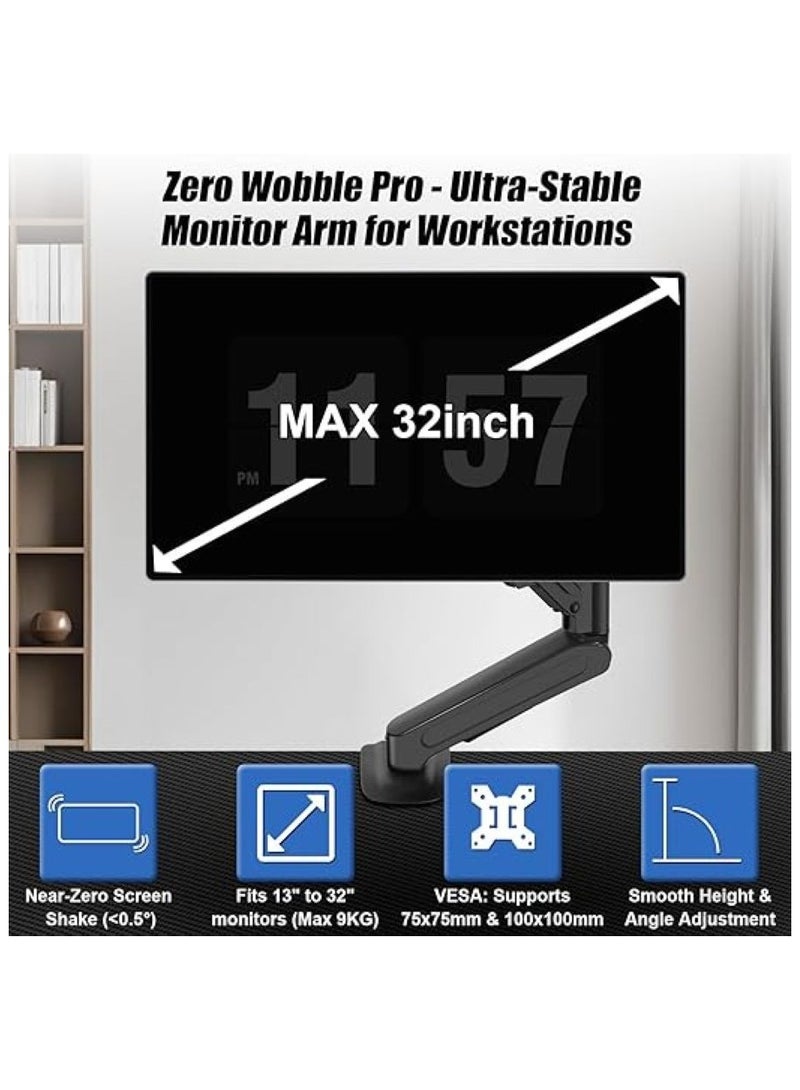 Single Monitor Arm Stand for 13-32 Inch Screens, Gas Spring Height Adjustable Desk Mount, 9kg Capacity, 15-80mm Thick Fit with Clamp/Grommet Base, 75x75/100x100 VESA, Hidden Cable Management - Image 2