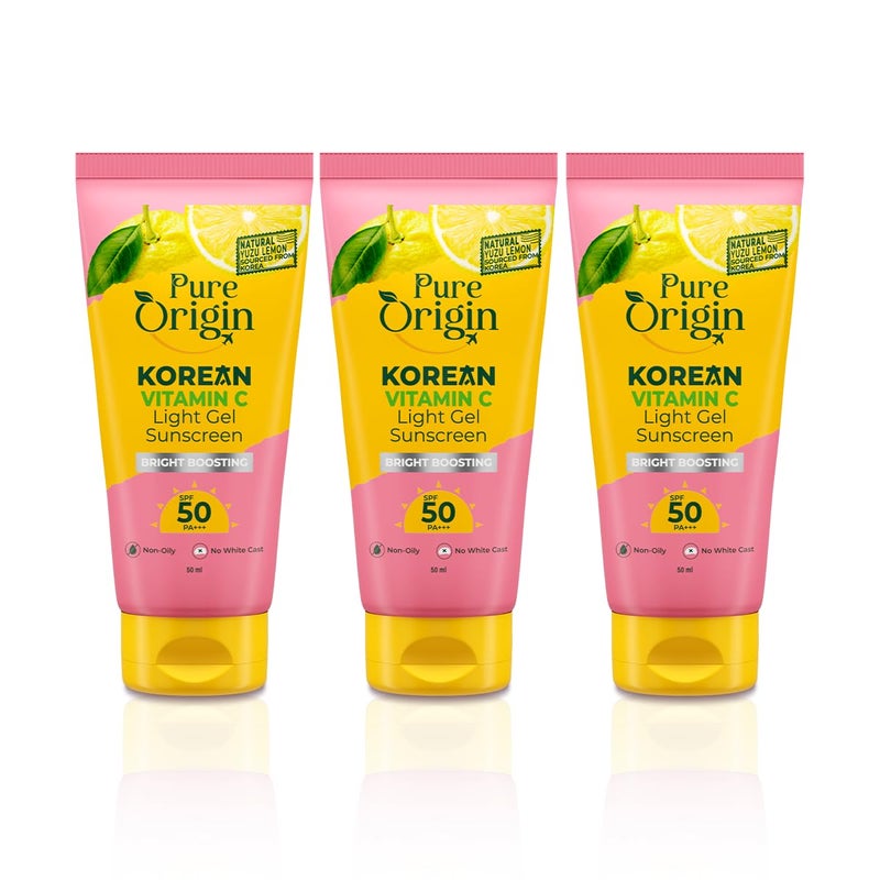 Pure Origin Korean Vitamin C Bright Boosting Light Gel Sunscreen 50 PA Pack of 3  lightweight nonsticky gel formula  no white cast  For Sun protection Bright Glowing and soft skin  For women and men  For all skin type  150 g - Image 1