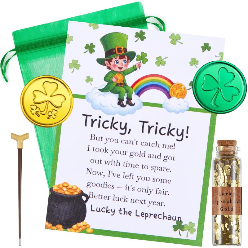 Fullhawl St. Patrick's Day Leprechaun Trap Kit Leprechaun Letter Shamrock Green Gold Coins Printed Note Mini Gold Glitter in Corked Bottle for Irish Trap Gift Party Decor Supplies(Vintage Cane) - Image 1