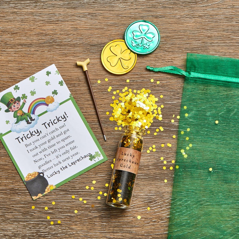 Fullhawl St. Patrick's Day Leprechaun Trap Kit Leprechaun Letter Shamrock Green Gold Coins Printed Note Mini Gold Glitter in Corked Bottle for Irish Trap Gift Party Decor Supplies(Vintage Cane) - Image 4
