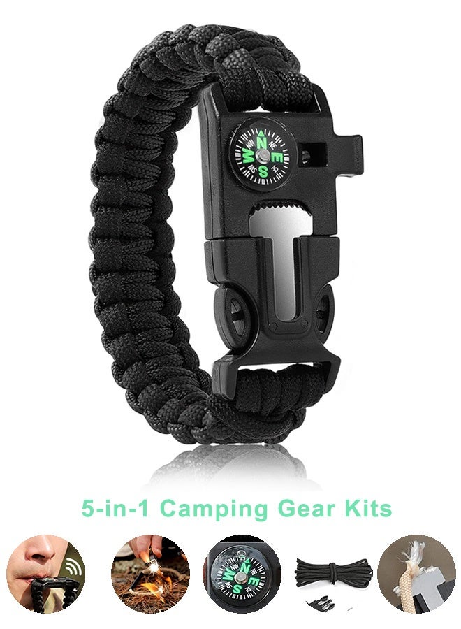 MXN Survival Bracelets, 5-in-1 Camping Gear Kits, 12-ft Detachable Parachute Rope Fire Starter  Embedded Compass Whistle&Emergency Multitools (Black) - Image 1