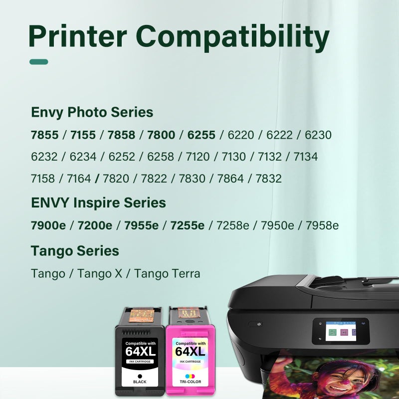 Cool Toner 64XL 64 XL 7900e 7855 مجموعة خراطيش حبر سوداء وملونة بديلة لـ HP64XL لطابعات HP Envy Photo 7855 7858 7155 Inspire 7900e 7200e 7255e 7955e 6255 Tango (عبوة 2، أسود، ثلاثي الألوان) - Image 2