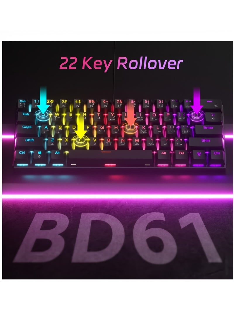 روينغدا لوحة مفاتيح ميكانيكية مكونة من عربية 61 مفتاحًا، كيبورد قيمنق سويتش أحمر هجينة خفيفة الوزن سلكية صغيرة الحجم لأجهزة الكمبيوتر الشخصية وأجهزة Mac ولوحة مفاتيح ألعاب إلكترونية محمولة - باللون أسود كيبورد ميكانيكي - Image 2