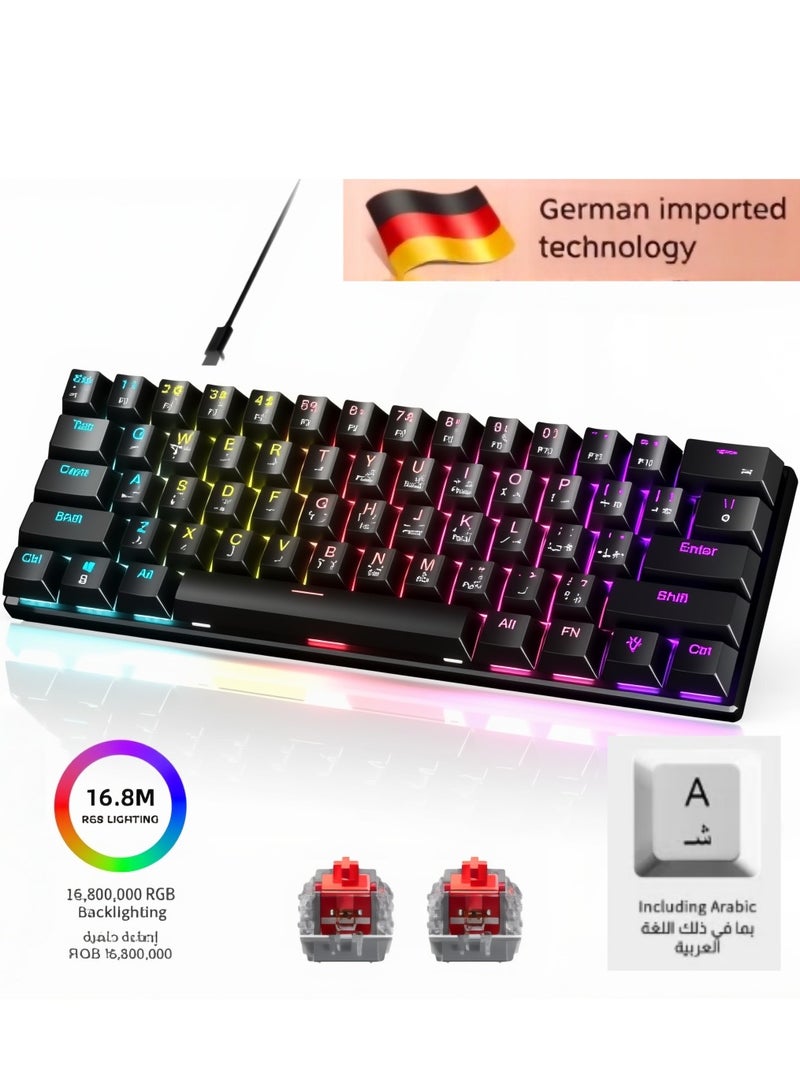 روينغدا لوحة مفاتيح ميكانيكية مكونة من عربية 61 مفتاحًا، كيبورد قيمنق سويتش أحمر هجينة خفيفة الوزن سلكية صغيرة الحجم لأجهزة الكمبيوتر الشخصية وأجهزة Mac ولوحة مفاتيح ألعاب إلكترونية محمولة - باللون أسود كيبورد ميكانيكي - Image 1