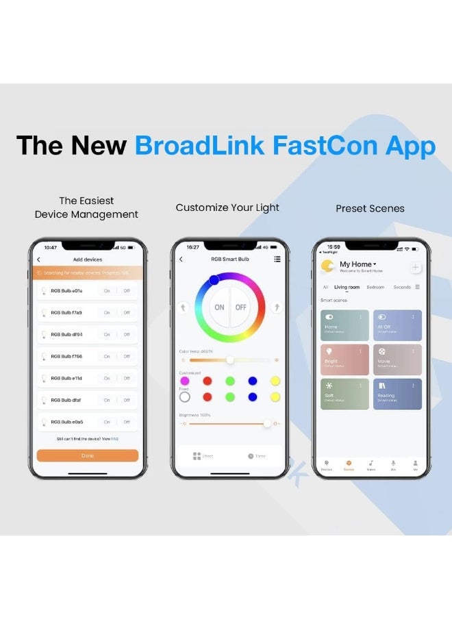broadlink | LB4E27 | Fastcon BLE Smart Lamp, Colour Changing with Music Sync, FastCon and BLE Support, Works with Alexa and Google Home - A60, E27, 9W, 800LM