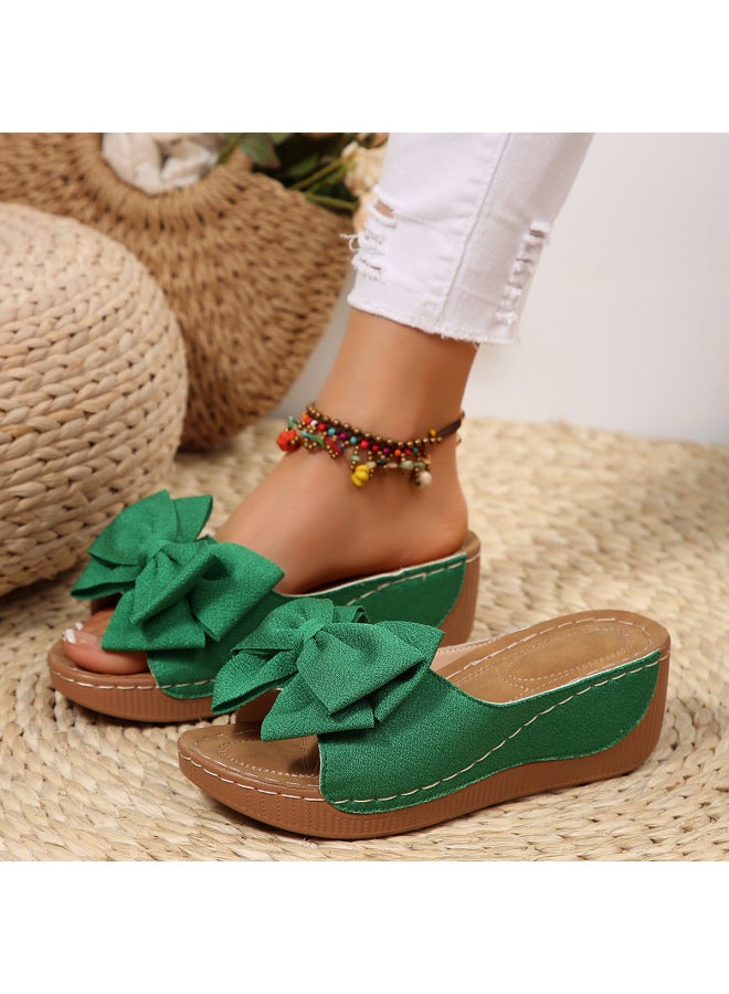 Plus-size Women's Shoes, New Summer Arrivals, Women's Wedge-heeled Thick-soled Slippers, Wide Strap Peep-toe Crochet Slippers With Floral Design