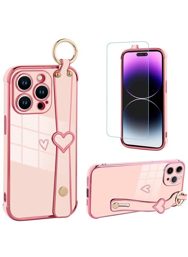 HY Pink Case for iPhone 14 Pro Max Case with Finger Strap Bracket Cute Bling Plating Heart Design Phone Cover Shockproof Soft TPU Slim Protective Cover for iPhone 14 Pro Max Pink  - Image 1