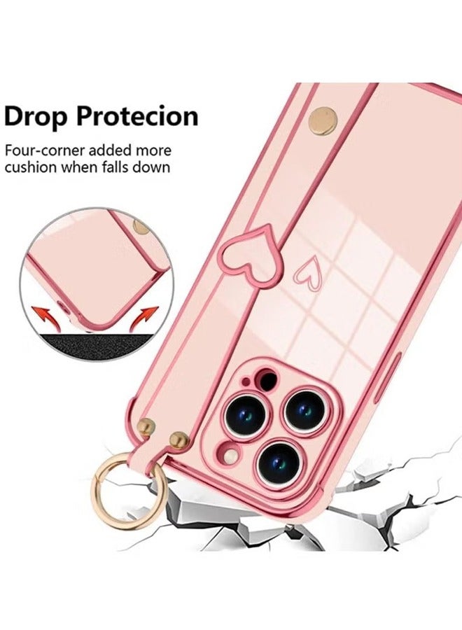 HY Pink Case for iPhone 14 Pro Max Case with Finger Strap Bracket Cute Bling Plating Heart Design Phone Cover Shockproof Soft TPU Slim Protective Cover for iPhone 14 Pro Max Pink  - Image 2