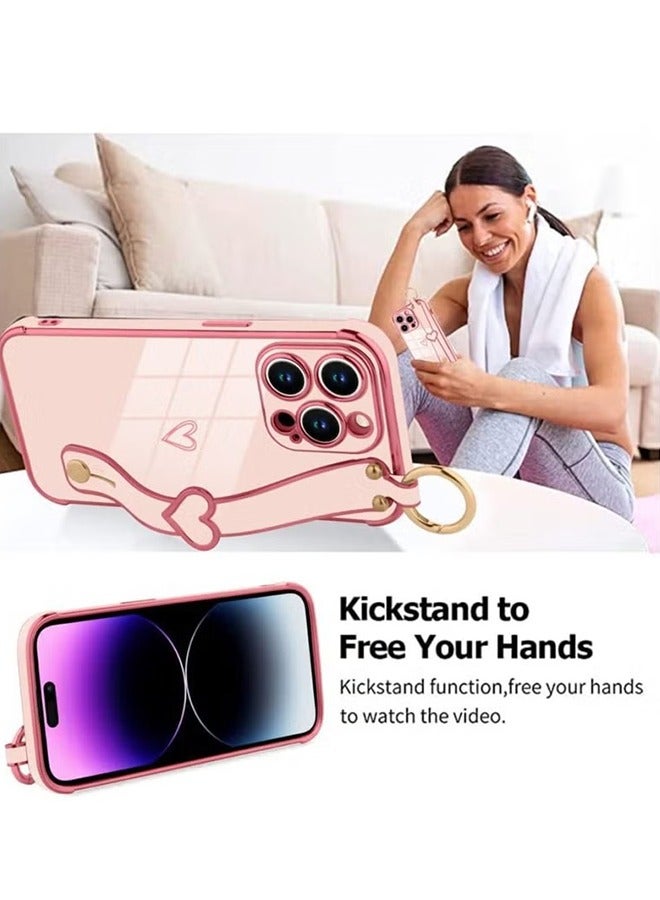 HY Pink Case for iPhone 14 Pro Max Case with Finger Strap Bracket Cute Bling Plating Heart Design Phone Cover Shockproof Soft TPU Slim Protective Cover for iPhone 14 Pro Max Pink  - Image 4