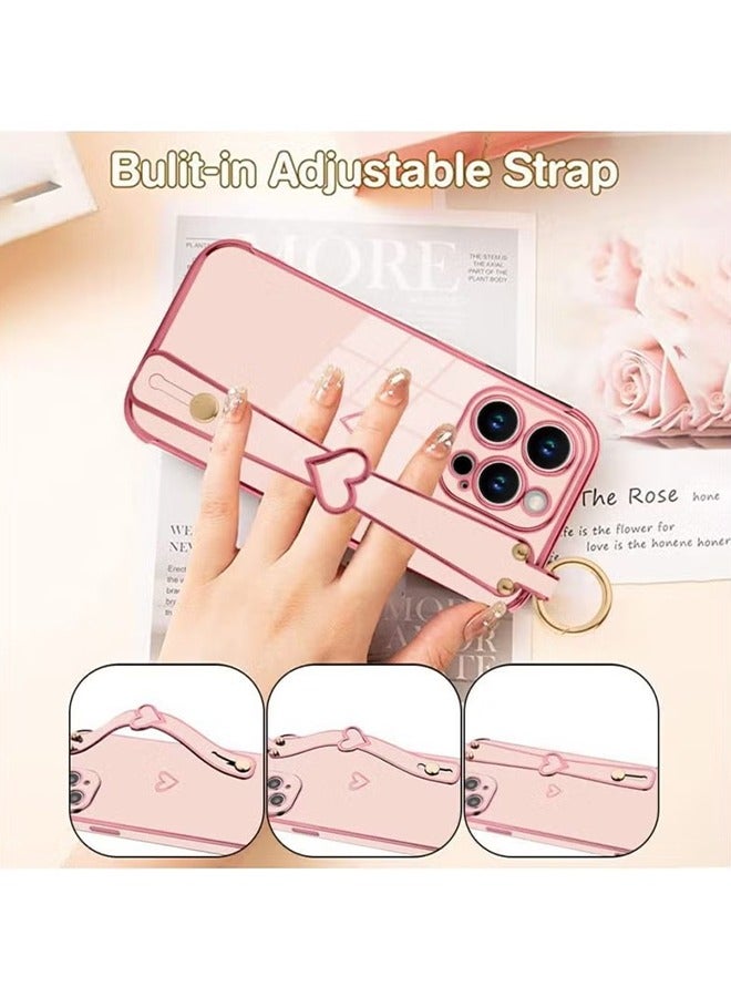 HY Pink Case for iPhone 14 Pro Max Case with Finger Strap Bracket Cute Bling Plating Heart Design Phone Cover Shockproof Soft TPU Slim Protective Cover for iPhone 14 Pro Max Pink  - Image 5