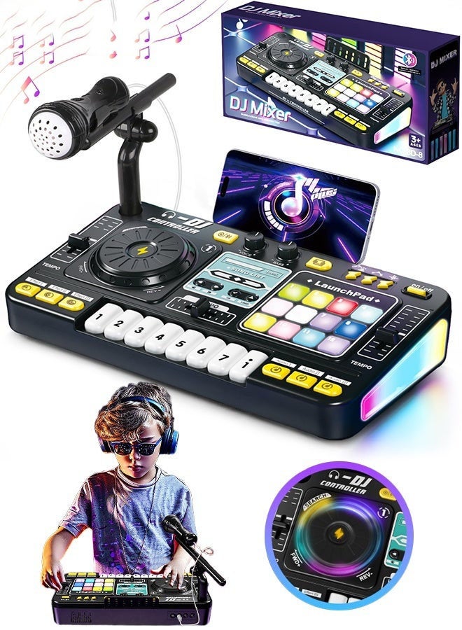 عربست ألعاب خلاط صوت (DJ) للأطفال الصغار، ألعاب موسيقية إلكترونية للرضع مزودة بأضواء وأغانٍ ومؤثرات صوتية وميكروفون، قرص دوار موسيقي للـ DJ، مجموعة ألعاب بيانو إلكتروني مع ميكروفون كاريوكي، لعبة موسيقية. - Image 1