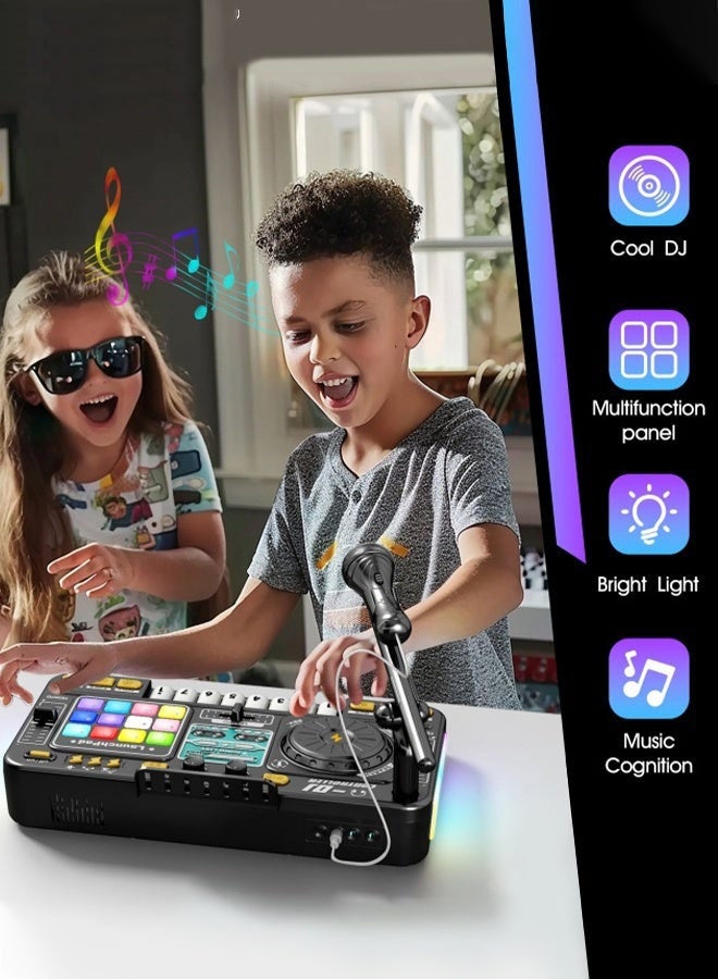 عربست ألعاب خلاط صوت (DJ) للأطفال الصغار، ألعاب موسيقية إلكترونية للرضع مزودة بأضواء وأغانٍ ومؤثرات صوتية وميكروفون، قرص دوار موسيقي للـ DJ، مجموعة ألعاب بيانو إلكتروني مع ميكروفون كاريوكي، لعبة موسيقية. - Image 3