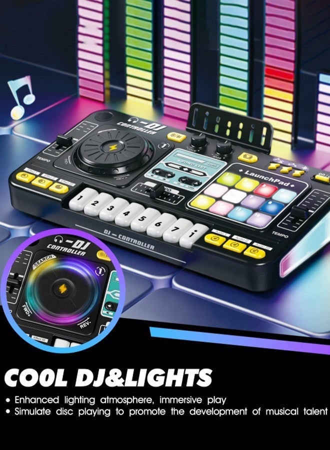 عربست ألعاب خلاط صوت (DJ) للأطفال الصغار، ألعاب موسيقية إلكترونية للرضع مزودة بأضواء وأغانٍ ومؤثرات صوتية وميكروفون، قرص دوار موسيقي للـ DJ، مجموعة ألعاب بيانو إلكتروني مع ميكروفون كاريوكي، لعبة موسيقية. - Image 4