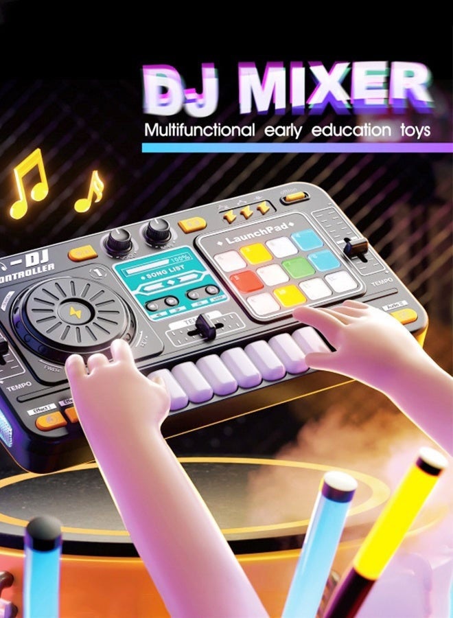 عربست ألعاب خلاط صوت (DJ) للأطفال الصغار، ألعاب موسيقية إلكترونية للرضع مزودة بأضواء وأغانٍ ومؤثرات صوتية وميكروفون، قرص دوار موسيقي للـ DJ، مجموعة ألعاب بيانو إلكتروني مع ميكروفون كاريوكي، لعبة موسيقية. - Image 2