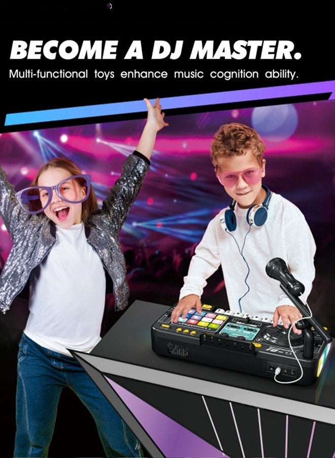 عربست ألعاب خلاط صوت (DJ) للأطفال الصغار، ألعاب موسيقية إلكترونية للرضع مزودة بأضواء وأغانٍ ومؤثرات صوتية وميكروفون، قرص دوار موسيقي للـ DJ، مجموعة ألعاب بيانو إلكتروني مع ميكروفون كاريوكي، لعبة موسيقية. - Image 5