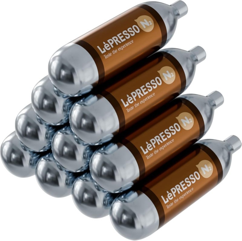 عبوة من 10 أسطوانات نيترو للاستخدام الفردي من LePresso N، تحتوي كل أسطوانة على 2 غرام من الغاز، تتحمل ضغطًا يزيد عن 15 ميجا باسكال، حجم الكبسولة 6.6 سم - فضي