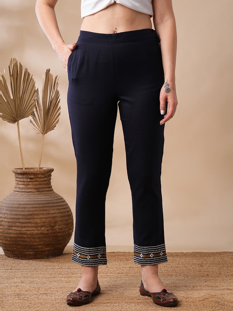 globus Globus Women Embroidered Hem Mid Rise Trousers  - Image 1
