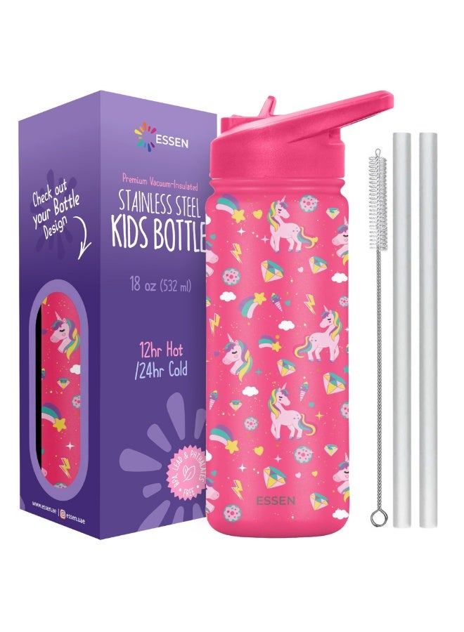 ESSEN Kids Water Bottle Stainless Steel for School Girls with Straw Vacuum Insulated Water Bottle BPA-Free Leak-Proof Baby Toddler Water Bottle Double Walled Bottle for Kids – 532 ml/18 oz(Unicorn) - Image 1