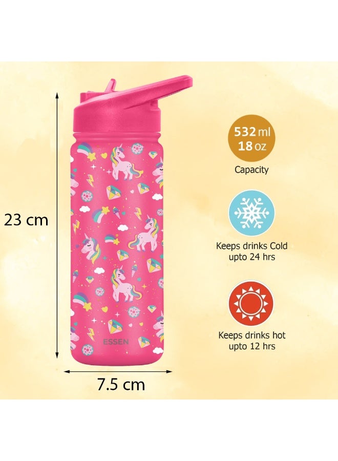 ESSEN Kids Water Bottle Stainless Steel for School Girls with Straw Vacuum Insulated Water Bottle BPA-Free Leak-Proof Baby Toddler Water Bottle Double Walled Bottle for Kids – 532 ml/18 oz(Unicorn) - Image 2