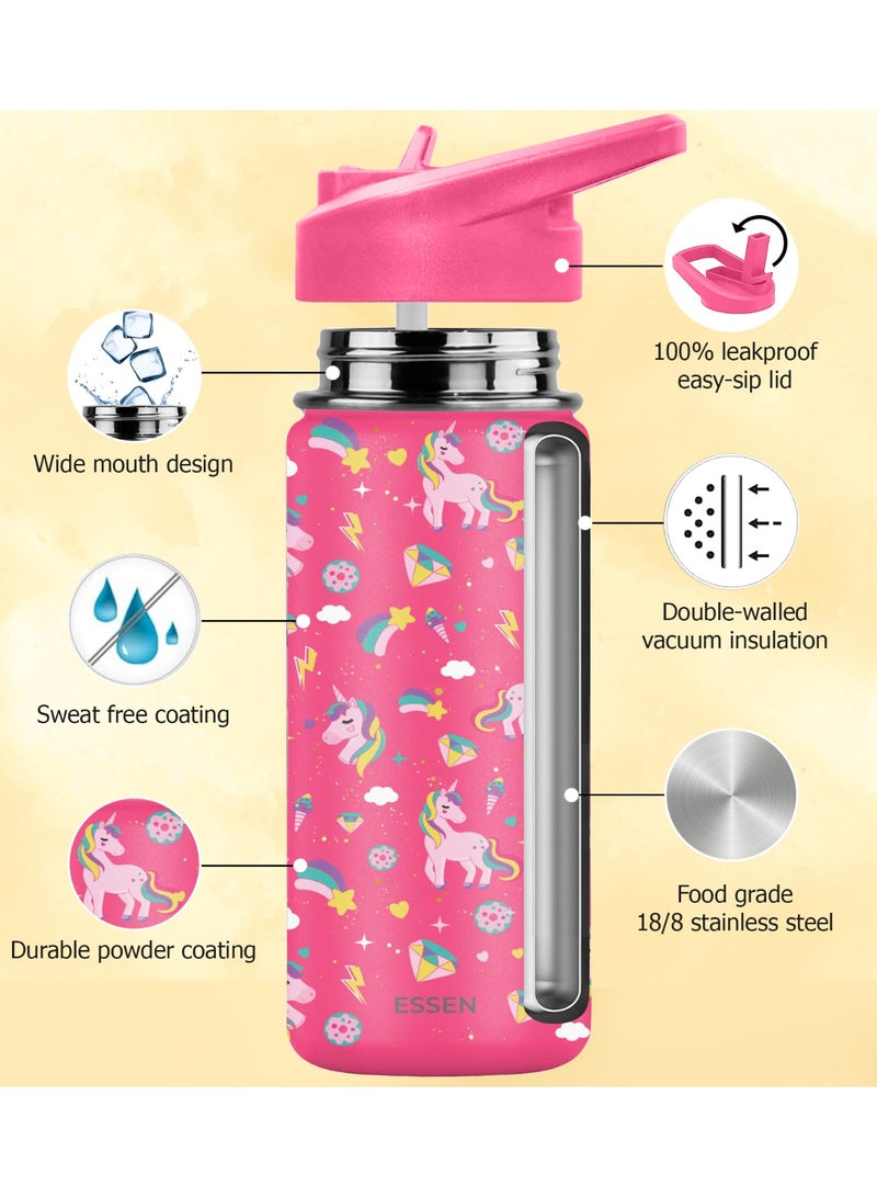 ESSEN Kids Water Bottle Stainless Steel for School Girls with Straw Vacuum Insulated Water Bottle BPA-Free Leak-Proof Baby Toddler Water Bottle Double Walled Bottle for Kids – 532 ml/18 oz(Unicorn) - Image 4