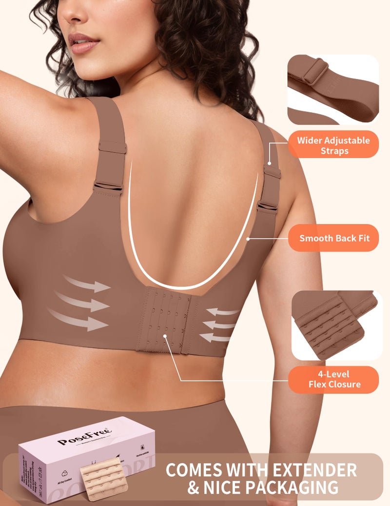 PoseFree Womens Bras No Underwire Full Support Back Fat Smoothing Bralette Wireless Push Up Plus Size Sports Bra (Coffee,M) - Image 3
