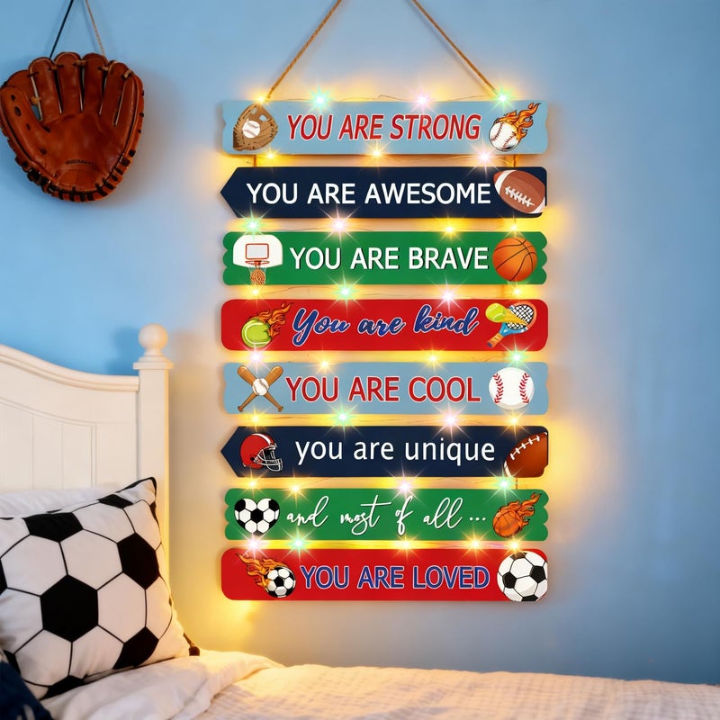 Cpcdaosk Cool Classic Sport Balls Sign Nursery Wall Decor Set of 8 With LED Lights, 16x5 Modern Motivational Cute Ball Plaque Wall Art for Baby Boy Kid Teen Toddlers, 4 PCS Wooden Quote Gift for Gameroom Gym - Image 3