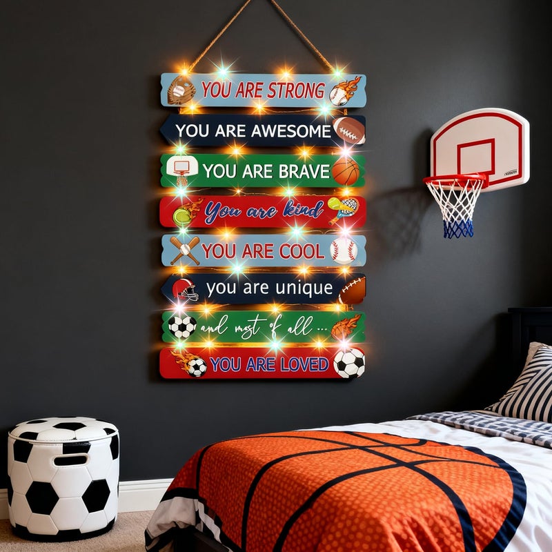 Cpcdaosk Cool Classic Sport Balls Sign Nursery Wall Decor Set of 8 With LED Lights, 16x5 Modern Motivational Cute Ball Plaque Wall Art for Baby Boy Kid Teen Toddlers, 4 PCS Wooden Quote Gift for Gameroom Gym - Image 1