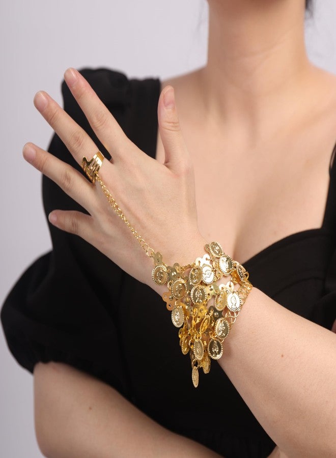يرتير سوار YERTTER Boho Belly Coins Bracelet Dance Gunge Egypt Bracelet مع خاتم إصبع زي الهالوين للنساء (ذهبي) - Image 2