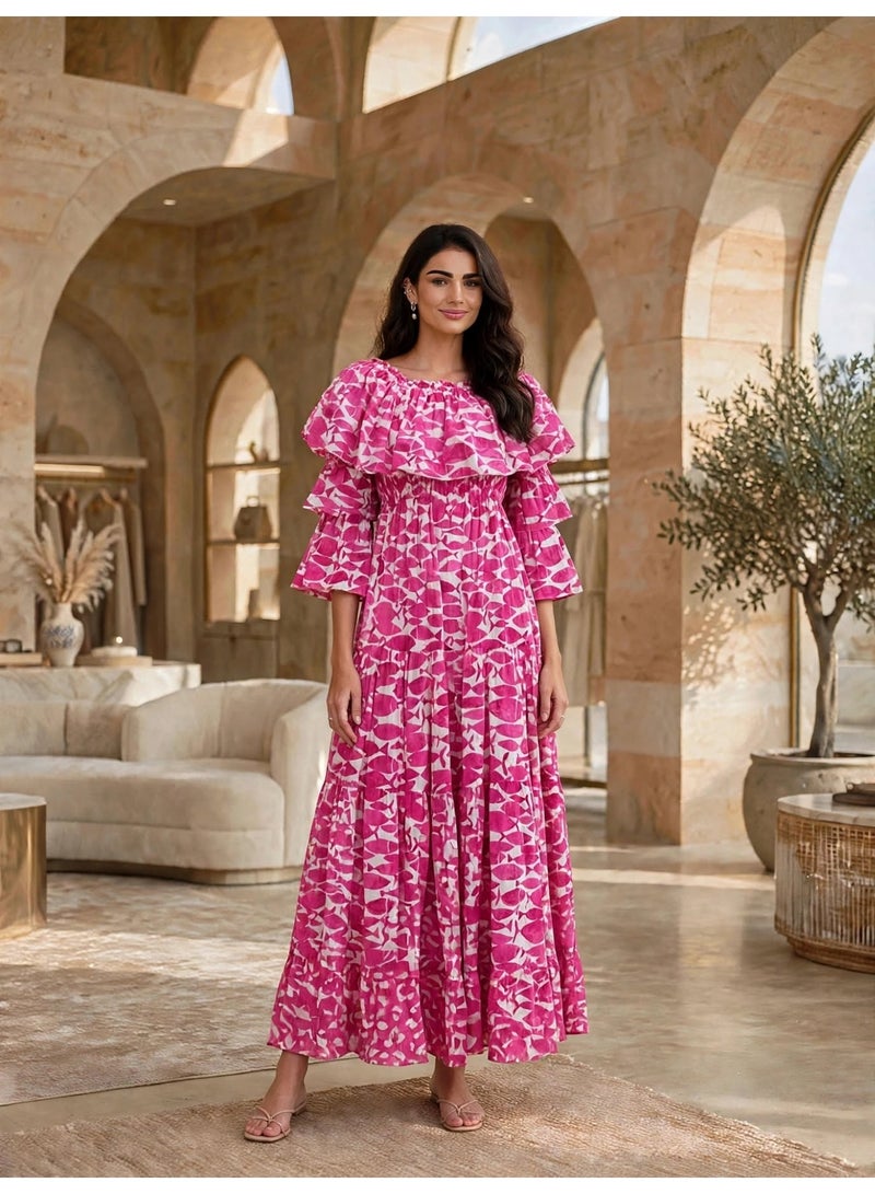IKKXA Premium Patterned Off-Shoulder Tiered Maxi Dress - Image 1
