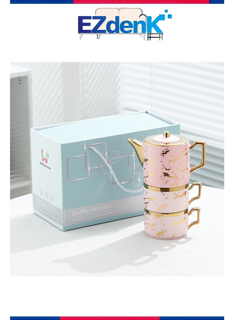 إزدنك طقم إبريق شاي وفنجان شاي سيراميك قابل للتكديس، مكون من 3 قطع، بنمط رخامي، غلاية مكدسة، كوبين وإبريق شاي واحد، مناسب للهدايا المكتبية والمنزلية (وردي) - Image 1