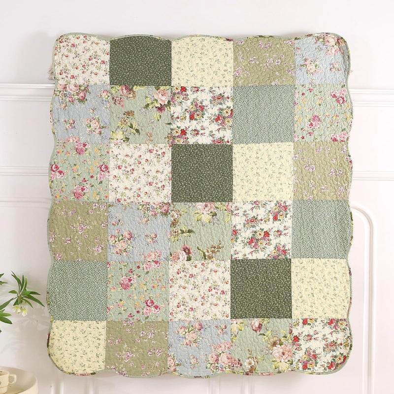 vctops 100% Cotton Quilted Throw Blanket 50x60 Inch Floral Patchwork Reversible All Season Throw (Green B,50"x60") - Image 2