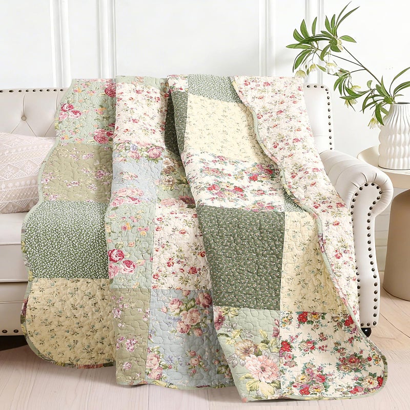 vctops 100% Cotton Quilted Throw Blanket 50x60 Inch Floral Patchwork Reversible All Season Throw (Green B,50"x60") - Image 1